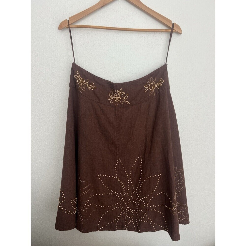 VTG Richard Malcolm Brown Linen Blend Beaded Floral Skirt L Boho Western Hippie